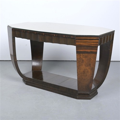 11 · AN ART DECO WALNUT CENTRE TABLE WITH BOTH COLOURED MIRRORED GLASS AND CLEAR GLASS TOP (75H X 122W X 70D)