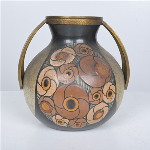 14 · A FRENCH ART DECO GLAZED CERAMIC VASE WITH COPPERED HANDLES BY LOUIS DAGE ( 30H X 33DIA CM)