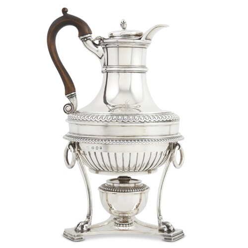 52 · A GEORGE III STERLING SILVER COFFEE POT ON STAND WITH BURNER BY PAUL STORR London, 1807