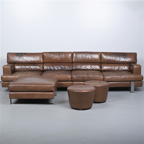 A Bespoke Leather Upholstered Sofa Wth Matching Ottoman And Two Smaller Ottomans (83h X 313w X 92d Cm)