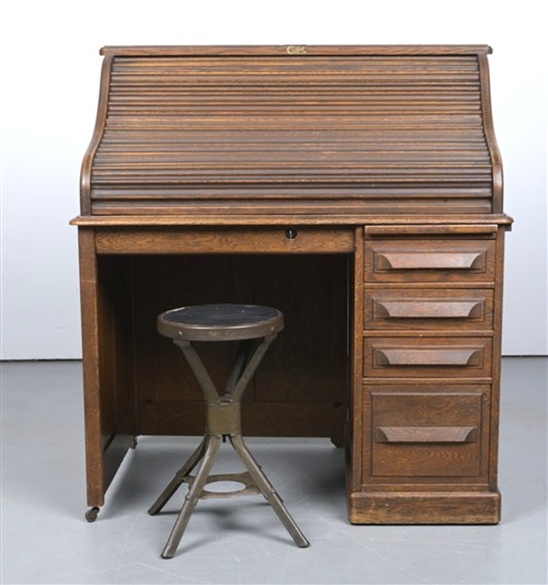 22 · AN ANTIQUE CUTLER DESK WITH INDUSTRIAL STOOL (118H X 105L X 77W CM)