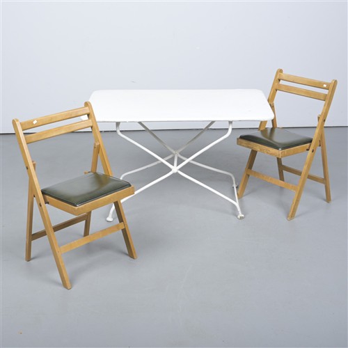 A 1950s Metal Painted Outdoor Table And Two Folding Chairs (67h X 110w X 65d Cm)
