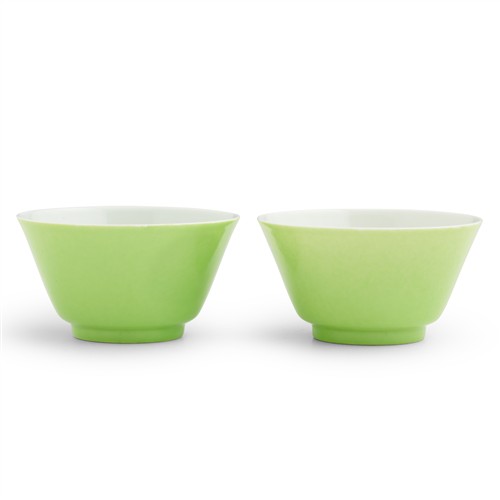 8 · A PAIR OF CHINESE APPLE GREEN-GLAZED CUPS, YONGZHENG MARK