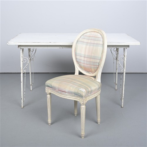 A White Painted Table Together With Painted And Upholstered Chair In Louis Xvi Manner ( 75h X 410w X 80d Cm)