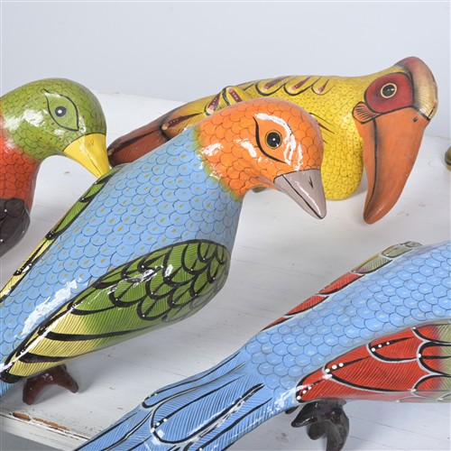 A COLLECTION OF SEVEN MEXICAN PAINTED PAPIER MACHE BIRDS (95H X 21W X 15D CM)