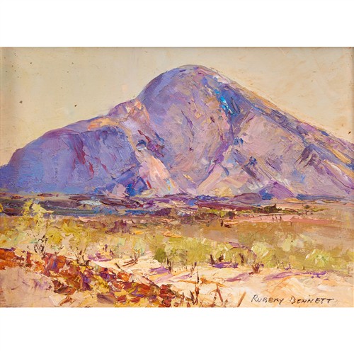 RUBERY BENNETT (1893-1987) Outback Landscape with Mountain oil on board 14 x 19cm (24.5 x 29.5cm framed)