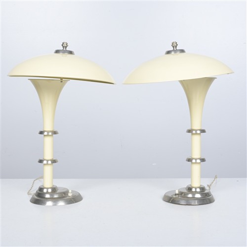 A Pair Of 1940s Continental Chrome And Enamelled Table Lamps By Sightsaver (50h X 40dia Cm)