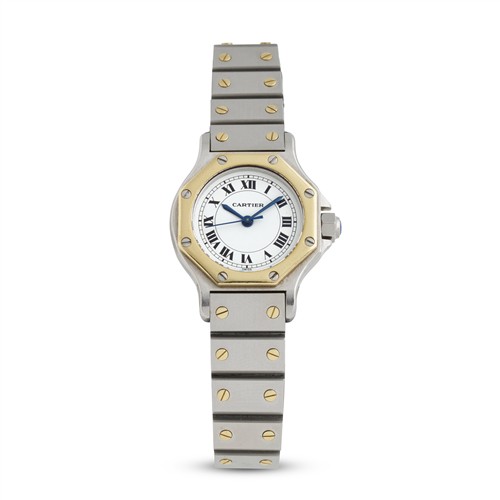 26 · CARTIER SANTOS OCTAGON A LADY'S STAINLESS STEEL AND GOLD BRACELET WATCH CIRCA 1990