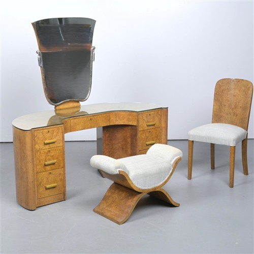 An Art Deco French Burr Walnut Dressing Table With Chair And Stool Covered In Matching Fabric (140h X 143w X 58d Cm)