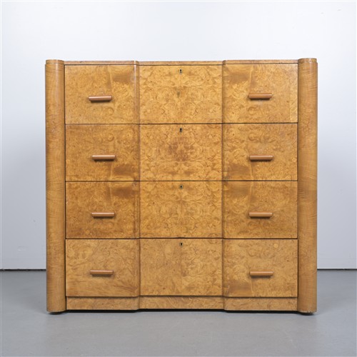An Art Deco Burr Walnut Bureau Chest (101h X 107w X 50d Cm)