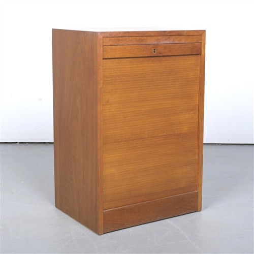 37 · A SMALL MID-20TH CENTURY TEAK TAMBOUR FRONTED CABINET (76H X 50W X 38D CM)