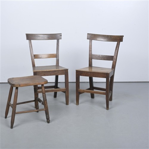 Two Rustic Hardwood Chairs And A Stool (86h X 47w X 45d Cm)