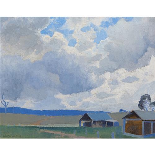 ELIOTH GRUNER (1882-1939) Rural Landscape under Cloudy Skies European Garden Scene verso oil on canvas on board, double sided 19 x 24cm
