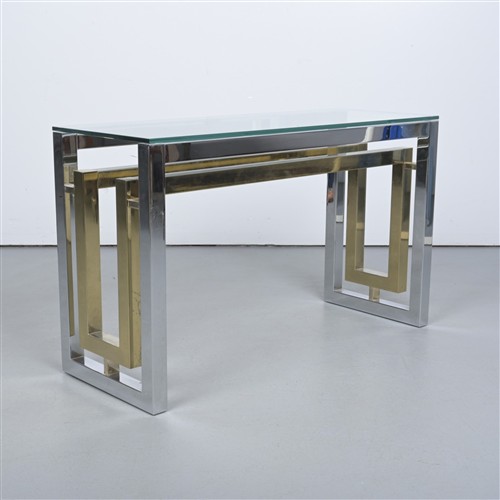 46 · A 1970S ITALIAN CHROME, BRASS AND GLASS SIDE TABLE (73H X 120W X 45D CM)