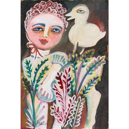MIRKA MORA (1928-2018) I Love You Said the Bird c.1985 gouache on paper 27 x 18.5cm