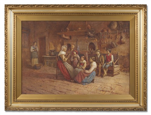 Publio de TOMMASI (1849–1914) A woman demonstrating wool spinning to a group of children in an interior Watercolour 68 x 100.5cm (si...