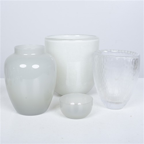 A Group Of Four Glass Vases Including A Clear Faceted Glass Vase By Orrefors (23h X 21dia Cm)