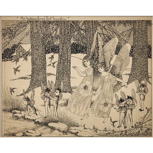 36 · IDA RENTOUL OUTHWAITE (1888-1960) The Australian Fairies First Snowstorm pen and ink on paper 24.5 x 30.5cm (37.5 x 44.5cm framed)