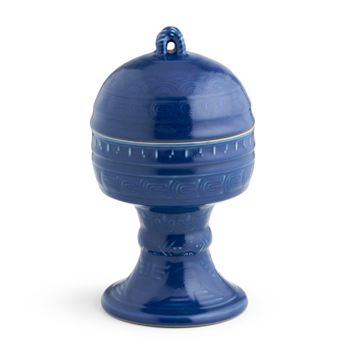 28 · A CHINESE BLUE GLAZED ALTAR VESSEL AND COVER, DOU, QIANLONG RELIEF MOULDED SIX-CHARACTER SEALMARK AND PROBABLY OF THE PERIOD (1736-95)
