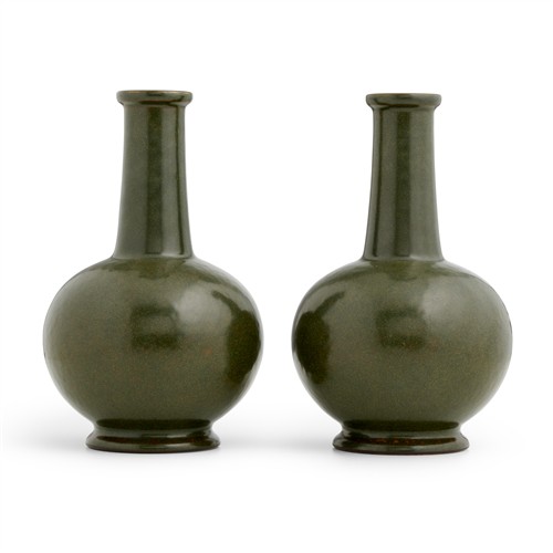 21 · A PAIR OF CHINESE TEA-DUST GLAZED BOTTLE VASES, QIANLONG SIX-CHARACTER IMPRESSED SEAL MARK