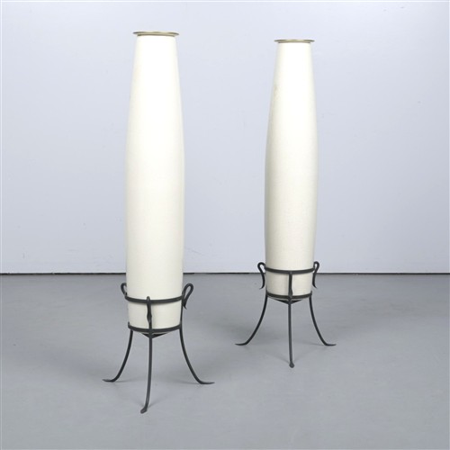 55 · A PAIR OF FRENCH CRACKLE GLAZED CERAMIC FLOOR VASES WITH INSERTS BY CHAROLLES ON IRON TRIPOD STANDS (121H X 42DIA CM)