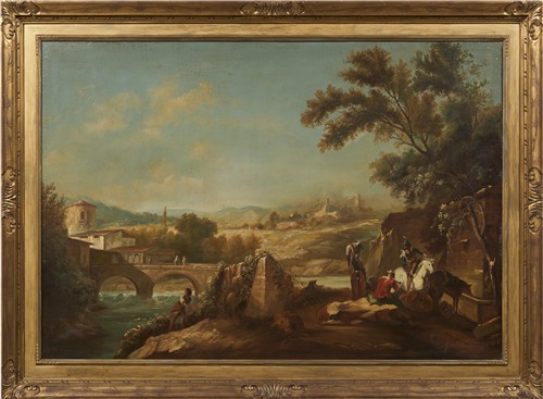 22 · ITALIAN SCHOOL Late 19th–early 20th century An Italian river landscape with figures and buildings, in eighteenth century Venetian ma...