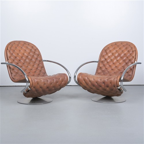 A Pair Of Verner Panton System 1-2-3 Leather Upholstered Armchairs (82h X 70w X 77d Cm)