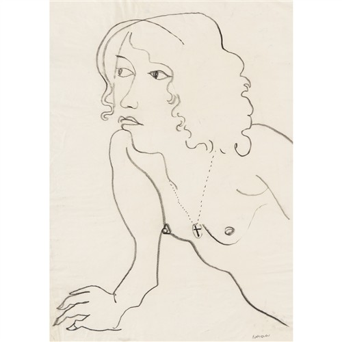 57 · CHARLES BLACKMAN (1928-2018) (Nude and Cross) c.1971 charcoal on tracing paper 76 x 53cm
