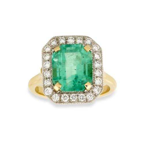 100 · 18CT TWO-TONE GOLD, EMERALD AND DIAMOND RING