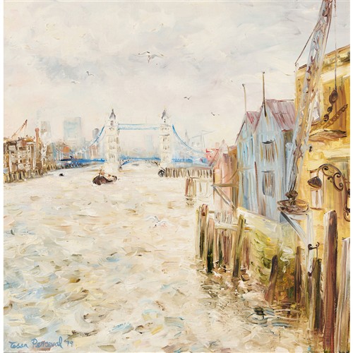 TESSA PERCEVAL (born 1947) Tower Bridge from Wapping 1976 oil on canvas board 45 x 45cm (74 x 72.5cm framed)