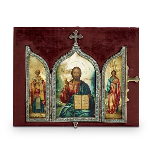 AN ANTIQUE RUSSIAN SILVER AND ENAMEL TRIPTYCH ICON 84 zolotniki (875 standard), unidentified maker's mark 'EK', circa 1900
