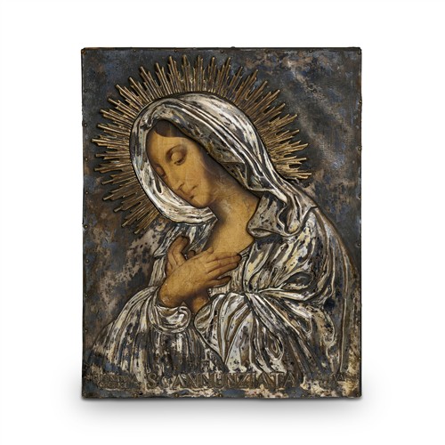AN ANTIQUE PADUAN SILVER-MOUNTED DEVOTIONAL PAINTING OF THE VIRGIN ANNUNCIATE The silver by G. Fontana, Padua, 1864