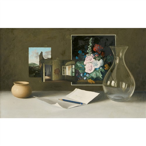 46 · ROSS HARVEY (born 1949) Still Life with Painting Studies and Letter oil on board 37 x 60cm (53 x 77cm framed)