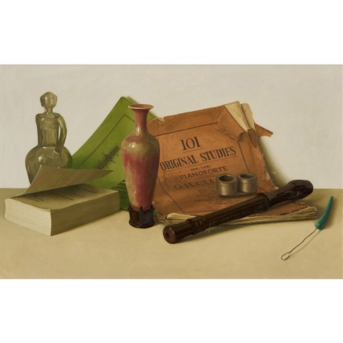 48 · ROSS HARVEY (born 1949) Still Life with Recorder, Vase and Books oil on board 37 x 59.5cm (53.5 x 76cm)