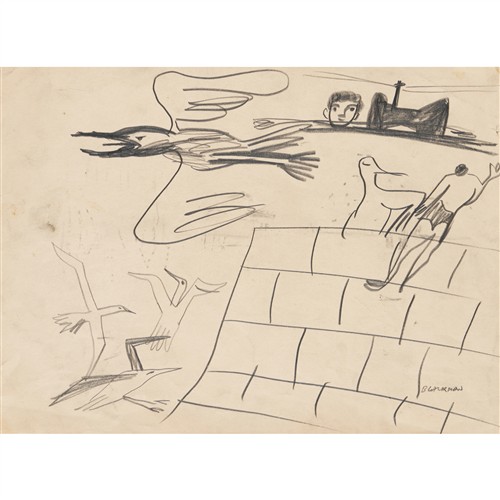 83 · CHARLES BLACKMAN (1928-2018) (Seagulls and Seaside) c.1951 pencil on paper 28 x 38cm