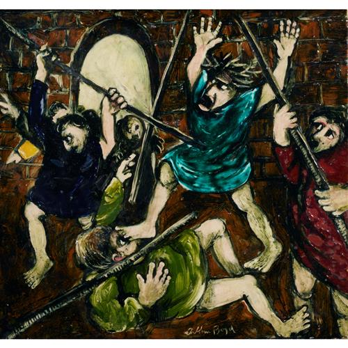 ARTHUR BOYD (1920-1999) The Money Changers 1950-52 glazed ceramic tile mounted on board 40.5 x 42.5cm