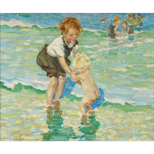 DOROTHEA SHARP (British, 1873-1955) Splashing in the Waves oil on canvas laid on board 40 x 48cm (50 x 58cm framed)