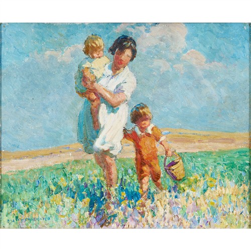 79 · DOROTHEA SHARP (British, 1873-1955) Mother and Children Walking Through the Summer Grass oil on canvas 38 x 46cm (45 x 53cm framed)