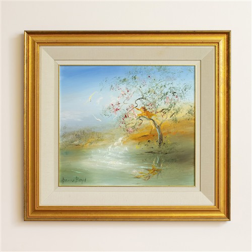 9 · § DAVID BOYD (1924-2011) Child in Tree with Pink Blossoms oil on board 40cm H x 44cm W