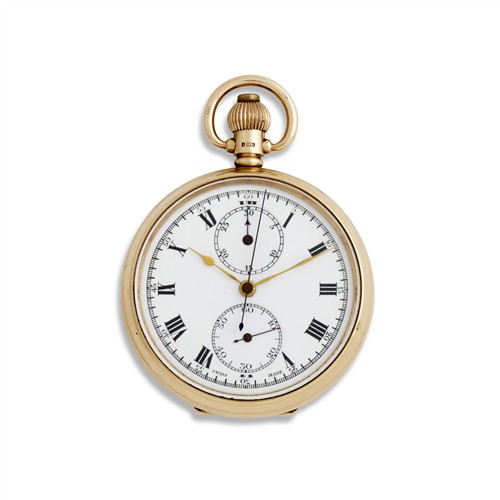 15 · 9CT GOLD OPENFACE CHRONOGRAPH POCKETWATCH CIRCA 1910