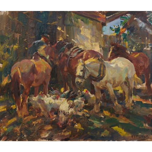 11 · HAROLD SEPTIMUS POWER (1878-1951) (Farmyard at Feeding Time) oil on linen 50 x 60cm