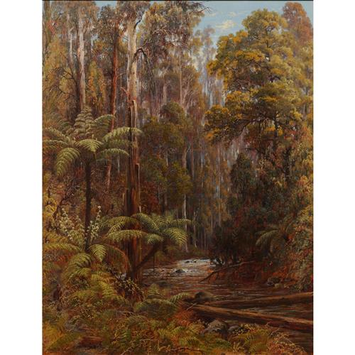 CHARLES ROLANDO (1844-1893) Forest Stream and Bush Walker oil on linen 90.5 x 70.5cm