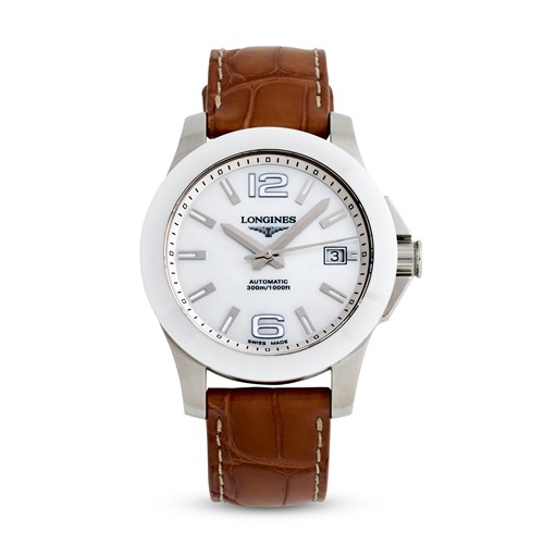 48 · LONGINES CONQUEST REF L3 655 4 A STAINLESS STEEL AND WHITE CERAMIC WRIST WATCH WITH DATE CIRCA 2012