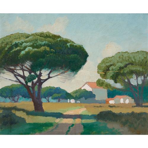 1 · ELIOTH GRUNER (1882-1939) She-oaks in France 1924 oil on panel 36 x 44.5cm