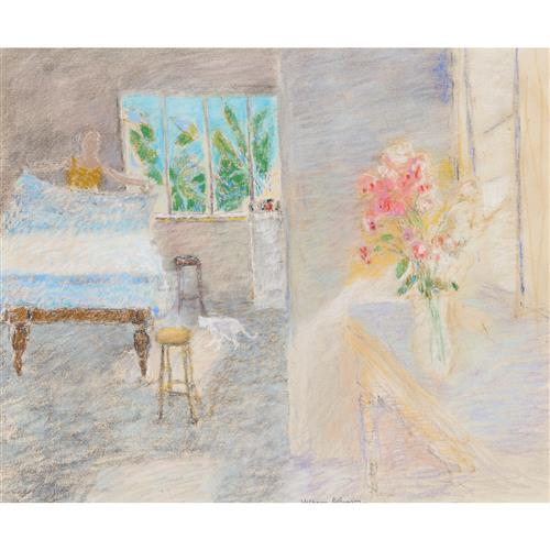 WILLIAM ROBINSON (1936-2025) Setting the Table c.1974 pastel on paper 38 x 46cm
