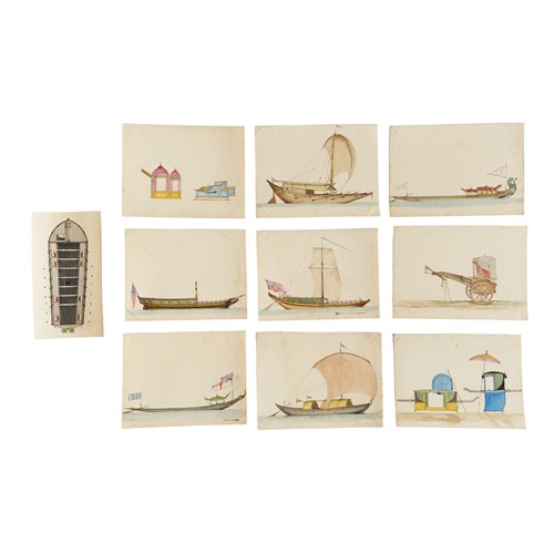 7 · INDIAN COMPANY SCHOOL Mid-19th century A collection: Ten studies of vessels, palanquins and a howdah, and a tanga Black ink and wate...