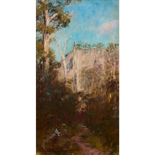 FREDERICK MCCUBBIN (1855-1917) A Seated Figure in a Macedon Landscape oil on canvas 44.5 x 24cm