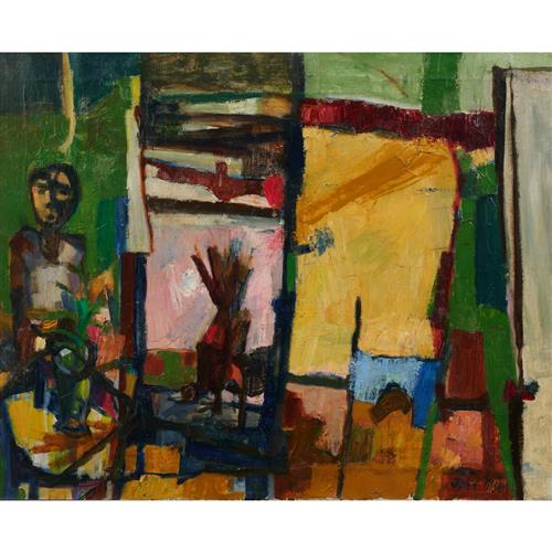 22 · JOHN OLSEN (1928-2023) Bird at the Window 1953-54 oil on canvas 59.5 x 74cm