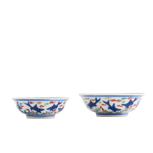 1078 · TWO SMALL BLUE AND WHITE AND WUCAI DRAGON DISHES, WANLI MARK