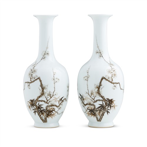 32 · A PAIR OF FINE CHINESE INK-ENAMEL BOTTLE "PLUM" VASES, YONGZHENG MARK, REPUBLIC PERIOD, EARLY 20TH CENTURY